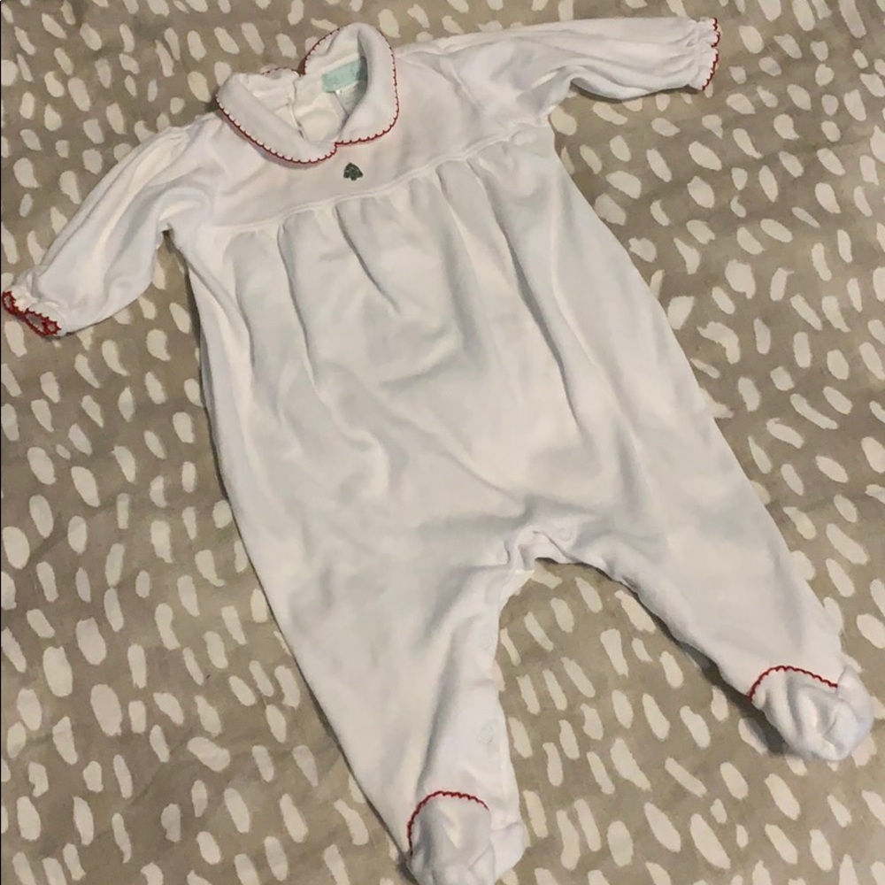 Petit Ami footed Christmas outfit ruffle bottom